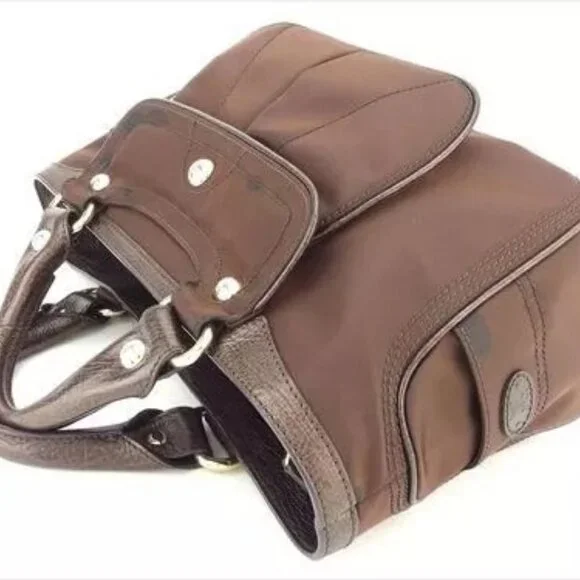 Celine Bag Handbag Brown Nylon Leather Woman Authentic Used